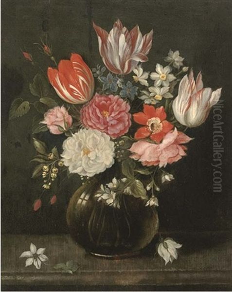 Parrot Tulips, Narcissi, Roses, Anemones And Other Flowers In A Glass Vase On A Stone Ledge by Jacob Marrel