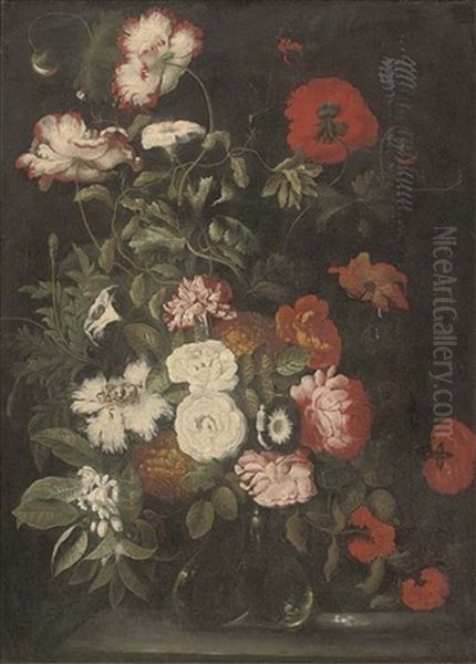 Parrot Tulips, Roses, Poppies, Convulvulus And Other Flowers In A Glass Vase On A Stone Ledge Oil Painting by Jacob Marrel