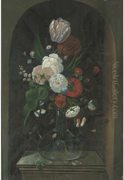 A Parrot Tulip, A Tulip, Roses, Morning Glory And Other Flowers In A Glass Vase In A Stone Niche Oil Painting by Jacob Marrel