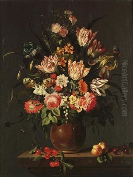 Tulips, Roses, Irises And Other Flowers In A Rhenish Stoneware Jug With Applied Medallion, Beside Cherries And Nectarines On A Marble Ledge With A Butterfly, A Bee, Dragonflies And Other Insects Oil Painting by Jacob Marrel