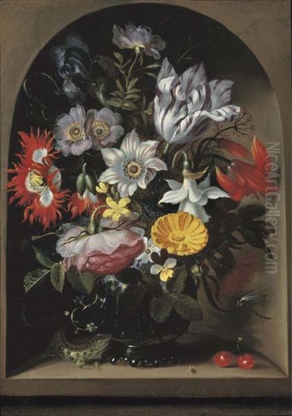 Anemones, A Tulip, An Opium Poppy And Other Flowers In A Glass Vase, With A Sand Lizard And A Ladybird, In A Stone Niche Oil Painting by Jacob Marrel