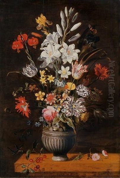 Lilies, Irises, Tulips, Narcissi And Other Flowers In An Urn With A Grasshopper And A Dragonfly On A Stone Ledge by Jacob Marrel