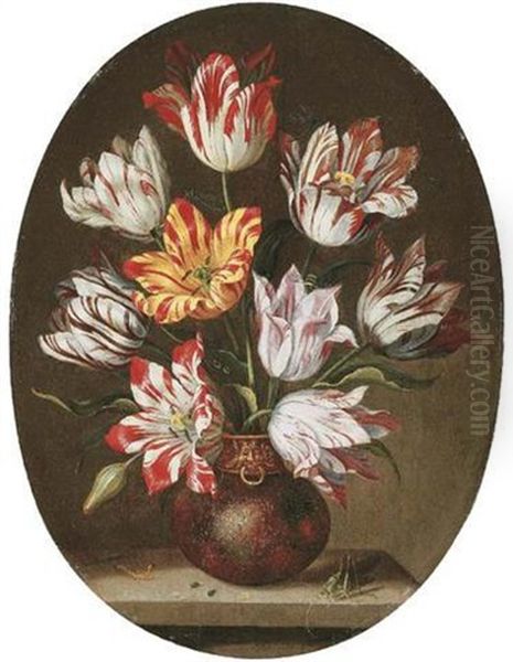 Tulips In A Vase With A Caterpillar And A Grasshopper On A Stone Ledge, And Dragonflies And A Bee Oil Painting by Jacob Marrel