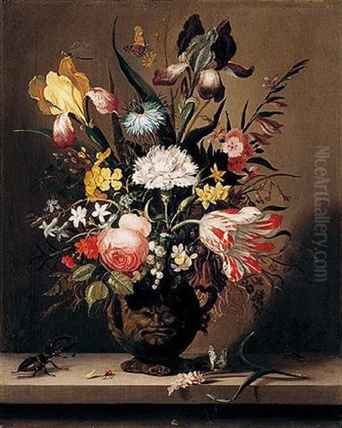 A Still Life Of Flowers, Including Tulips, Roses And Irises, In A Grotesque Vase With Insects And A Stag Beetle On A Stone Ledge Oil Painting by Jacob Marrel