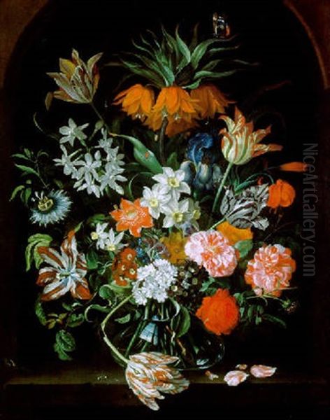 Ein Blumenstraus Mit Tulpen, Narzissen, Primeln, Rosen, Kaiserkrone, Schwertlilie Und Anderen Bluten In Einer Glasvase Oil Painting by Jacob Marrel