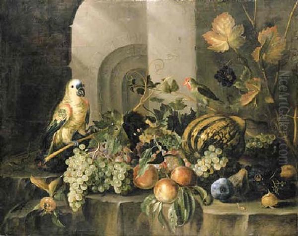 A Parrot, A Parakeet, A Melon, Bunches Of Grapes, Peaches, And Other Fruit, With A Lizard, A Beetle And Other Insects, On A Rocky Ledge Oil Painting by Jacob Marrel