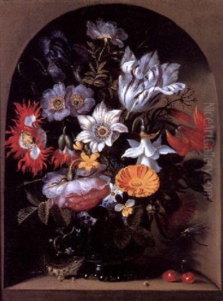 Ein Blumenstrauss In Einer Nische Mit Eidechse Und Kirschen Oil Painting by Jacob Marrel