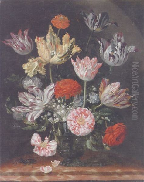 Parrot Tulips, Carnations, Roses, Columbines, Lily Of The Valley, Other Flowers In Glass Vase With Stag Beetle On Marble Ledge Oil Painting by Jacob Marrel