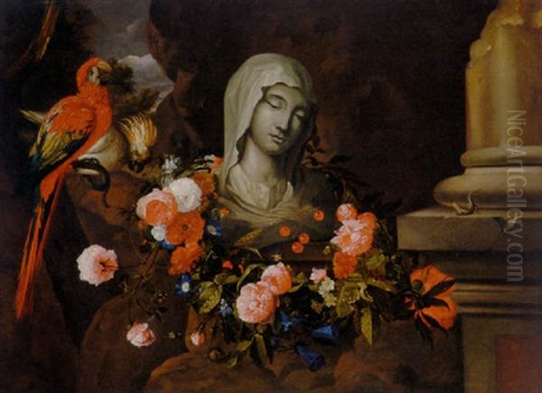 A Marble Bust Of The Virgin Adorned By A Garland Of Flowers, With Parrots And A Lizard In A Cave Oil Painting by Jacob Marrel