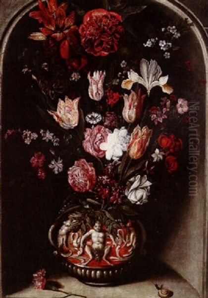 Still Life Of Tulips, Roses, Lilies, Carnations And Other Flowers In An Elaborate Vase, Together With A Snail, In A Stone Niche Oil Painting by Jacob Marrel