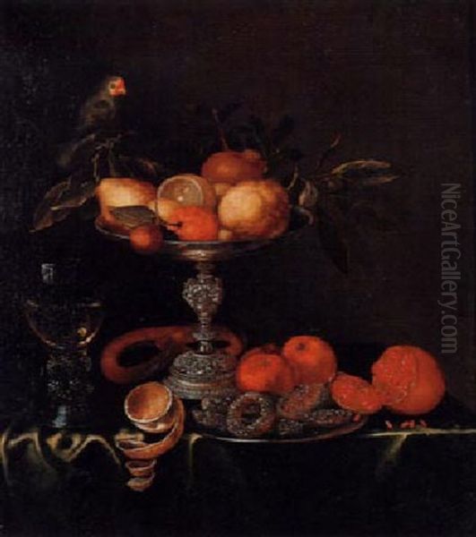 Stilleben Mit Silbertazza, Zitrusfruchten Und Sittich Oil Painting by Jacob Marrel