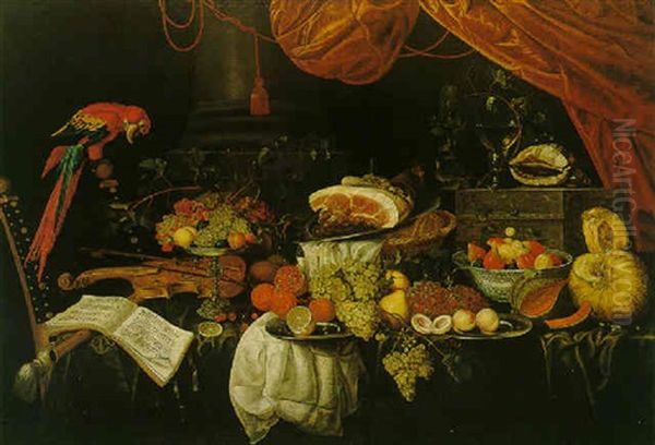 A Still Life Of A Musical Score, A Violin And Recorder, Fruit On A Silver Tazza, An Other Objects, All On A Table Draped With A Green And White Cloth, A Red Curtain Above And A Macaw Perched Upon A Ch Oil Painting by Jacob Marrel