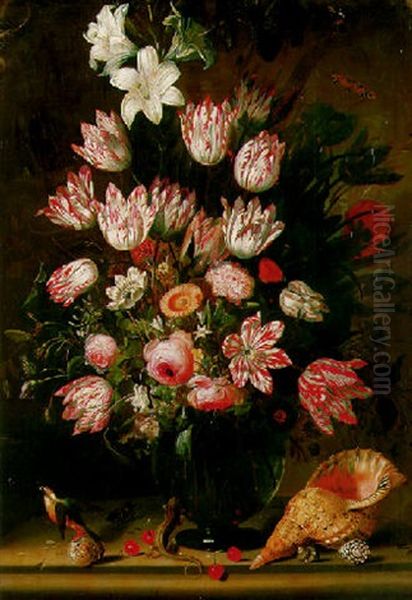 Parrot Tulips And Other Flowers In A Niche On A Stone Shelf With Shells, Cherries, A Lizard, A Beetle And Other Insects In A Recess Oil Painting by Jacob Marrel