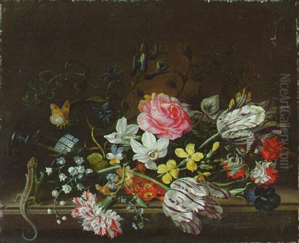 Parrot Tulips, Narcissi, Morning Glory And Other Flowers Spilling Out Of An Upturned Vase, With A Butterfly And A Lizard Oil Painting by Jacob Marrel