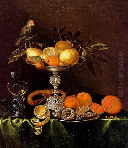 Stilleben Mit Romer, Silberner Tazza, Fruchten, Geback Und Vogel Oil Painting by Jacob Marrel