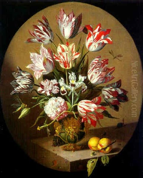 Still Life Of Tulips, Roses And Others Flowers And An Iris In An Elaborate Vase With Peaches, Dragonflies, A Mouse And A Snail Oil Painting by Jacob Marrel