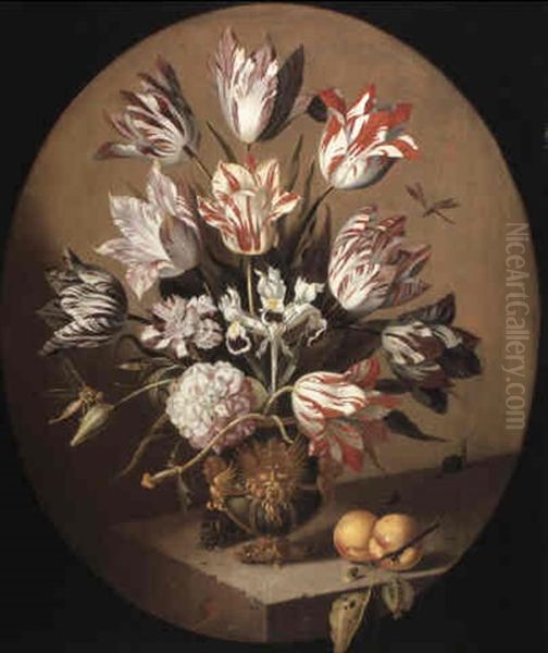 Tulips And Other Flowers In A Vase On A Ledge With A Snail And Mouse Oil Painting by Jacob Marrel