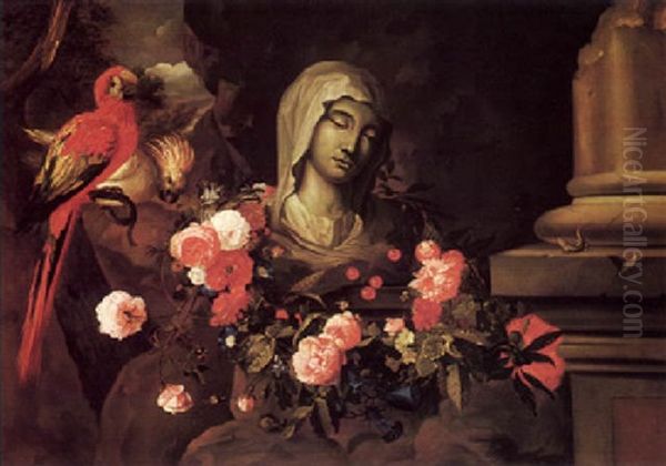 A Still Life Of Garland Of Flowers Encircling A Marble Bust, With A Scarlet Macaw... Oil Painting by Jacob Marrel