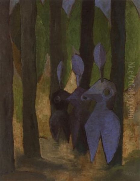 Figures In A Forest Oil Painting by Basil Marros