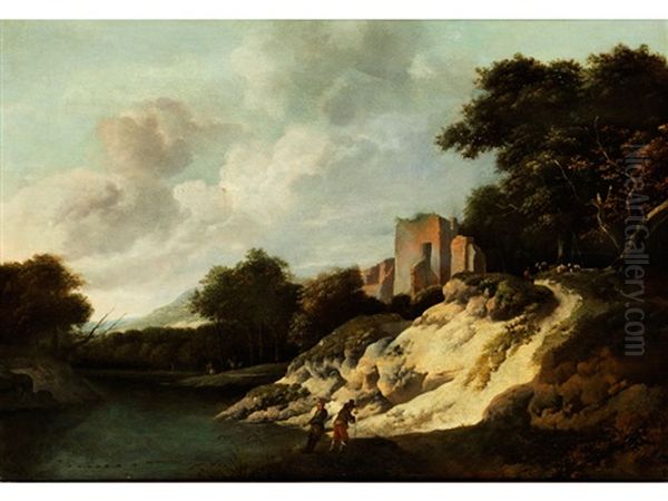 Fischer In Einer Flusslandschaft Mit Ruine Oil Painting by Evert Marseus Van Schrieck