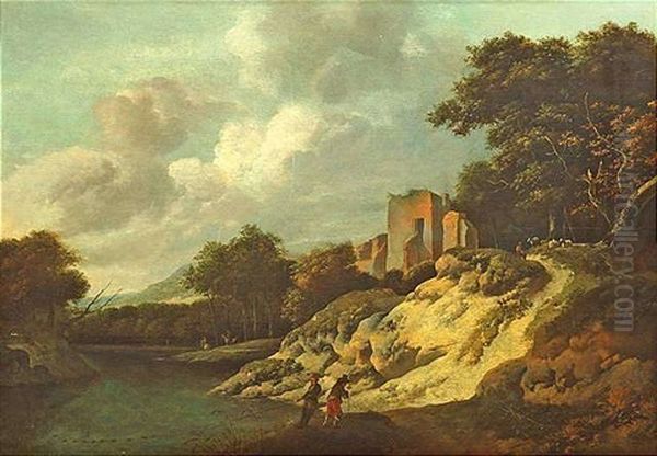 Flusslandschaft Mit Fischern, Die An Einem Bewaldeten Ufer Ihre Netze Einziehen. Rechts Fuhrt Ein Sonnenbeschienener Weg Zu Einer Ruine Oil Painting by Evert Marseus Van Schrieck