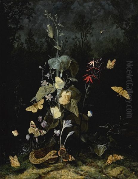 Still Life Of Wild Flowers, Including Cyclamen, Crocus, Delphinium, With A Snake And Butterflies Oil Painting by Otto Marseus van Schrieck