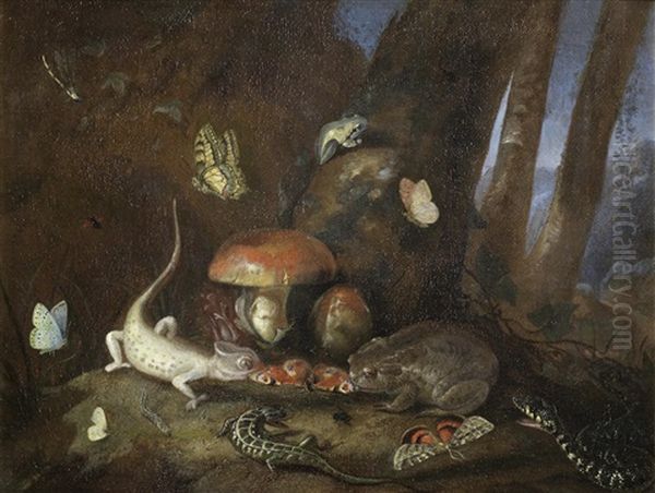 A Forest Floor With Lizards, Toads And Butterflies Oil Painting by Otto Marseus van Schrieck