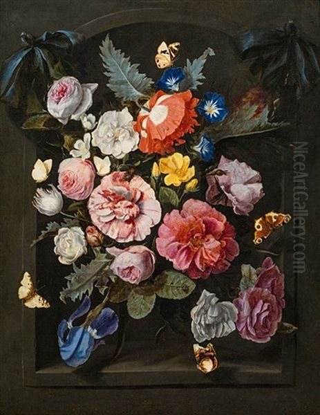 Bouquet Of Flowers With Butterflies Oil Painting by Otto Marseus van Schrieck