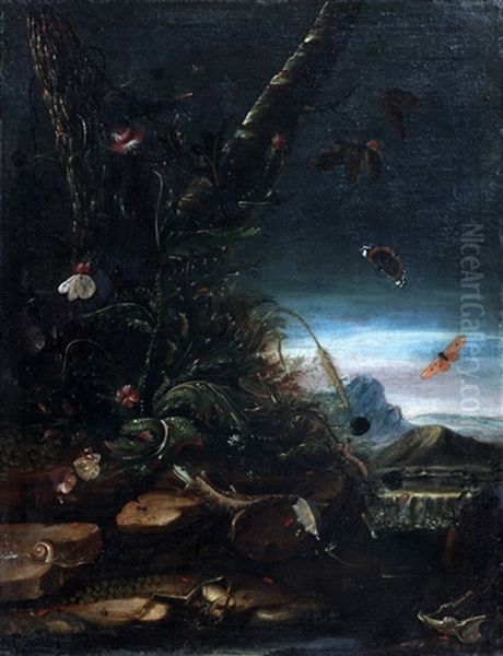 Landschap Met Hagedis En Insecten Oil Painting by Otto Marseus van Schrieck