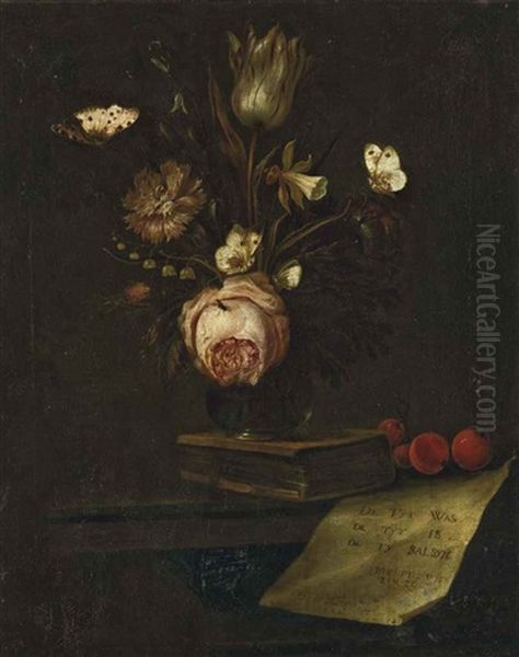 Tulipe, Oeillet, Jonquille Et Anemone Dans Un Vase Pose Sur Un Livre Sur Une Table Entoure De Papillons Oil Painting by Otto Marseus van Schrieck