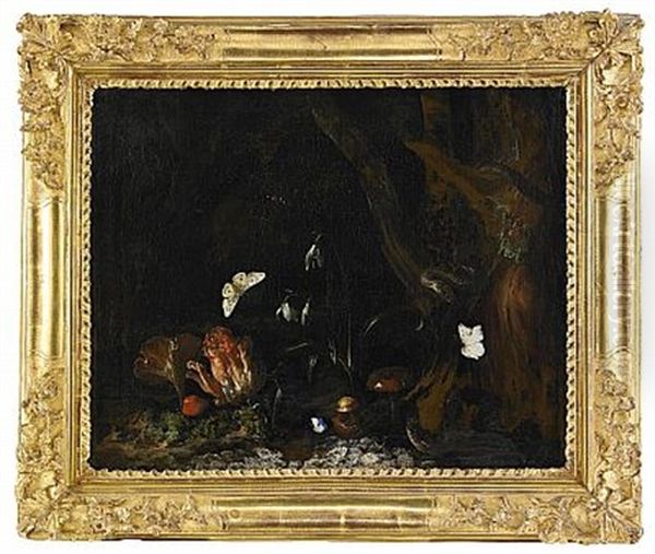 Skogsbild Med Ormar, Fjarilar Och Svampar Oil Painting by Otto Marseus van Schrieck