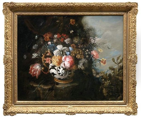 Blumenstrauss In Einem Gefas In Form Einer Nautilusmuschel Auf Einem Steinsockel. Im Vordergrund Ein Nachtfalter Und Eichenzweige Oil Painting by Otto Marseus van Schrieck