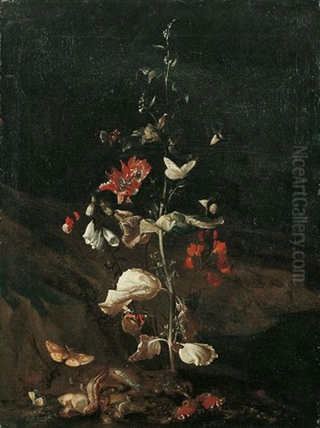 Sous-bois-stilleben Mit Reptilien Und Insekten Unter Einer Distel Oil Painting by Otto Marseus van Schrieck