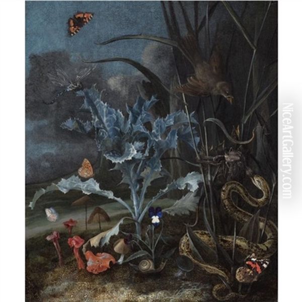 A Forest Floor, With A Milk Thistle, Fungi, A Wood Snail, A Queen Of Spain Fritillary, An Emperor Moth And An Aspis Adder Attacking A Fledgling Oil Painting by Otto Marseus van Schrieck