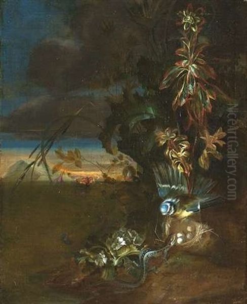 Waldboden-stilleben Mit Einer Blaumeise, Die Ihr Nest Vor Einer Eidechse Verteidigt Oil Painting by Otto Marseus van Schrieck