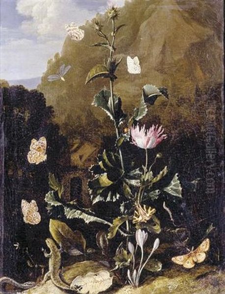 Still Life Of A Thistle And Other Flowers Surrounded By Moths, A Dragonfly, A Lizard And A Snake, In A Landscape Oil Painting by Otto Marseus van Schrieck