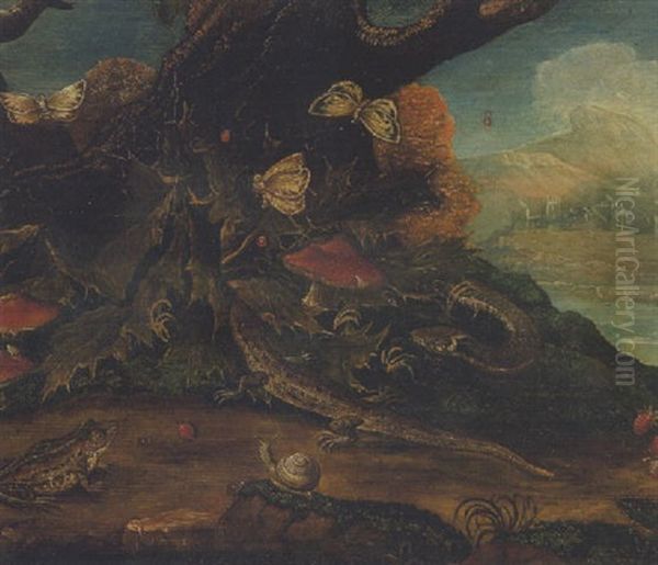 Eidechsen, Frosch, Kafer Und Schmetterlinge Oil Painting by Otto Marseus van Schrieck