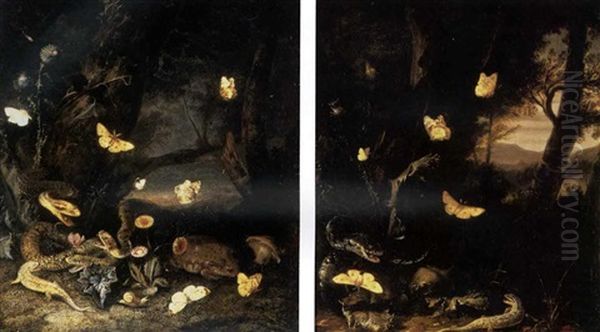 Nocturnal Undergrowth With Snakes, A Lizard, A Snail, A Toad And Butterflies Oil Painting by Otto Marseus van Schrieck