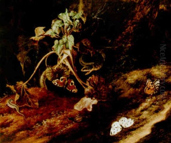 A Forest Floor Still Life With Butterflies, A Snake, A Dragonfly, A Snail And A Lizard Oil Painting by Otto Marseus van Schrieck