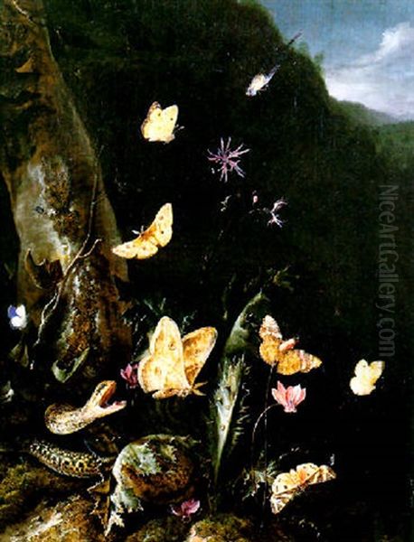 Nature Morte De Sous-bois Au Serpent Et Papillons Oil Painting by Otto Marseus van Schrieck