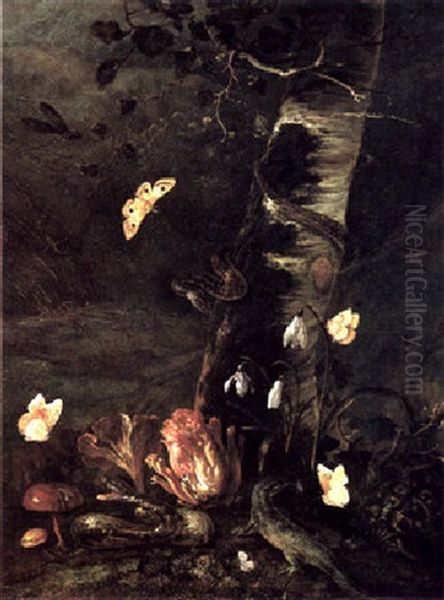 Nocturnal Still Life With Cyclamen, Mushrooms, A Tree Trunk With Butterflies, Snakes, A Lizard And Tortoise Oil Painting by Otto Marseus van Schrieck