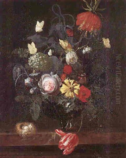 A Still Life Of Flowers In A Bowl With Butterflies And Bird's Nest Oil Painting by Otto Marseus van Schrieck