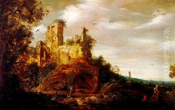 Landscape With Ruins With Shepherds And A Cavalier On Horseback Oil Painting by Otto Marseus van Schrieck