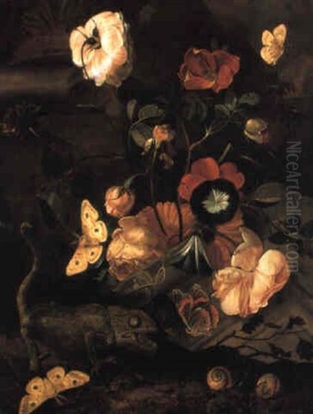 Roses And Other Flowers By An Architectural Fragment With Insects by Otto Marseus van Schrieck