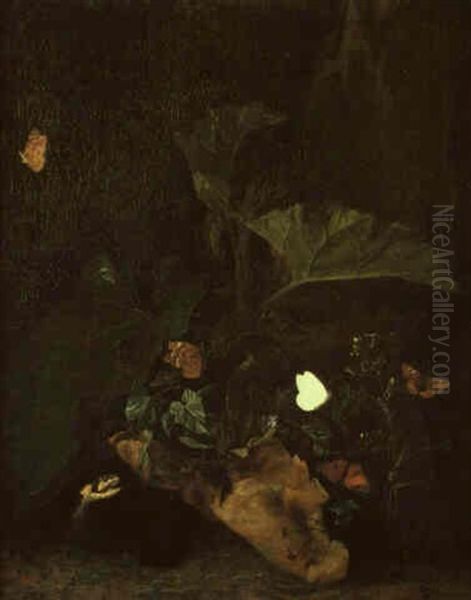 Snake Emerging From Beneath Undergrowth And Scattering Butterflies Oil Painting by Otto Marseus van Schrieck