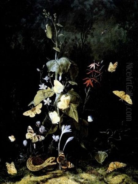 Plantes Sauvages Et Papillons Dans Un Paysage De Foret Oil Painting by Otto Marseus van Schrieck