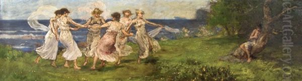 Springtime, Nymphs Dancing On A Clifftop Oil Painting by Arthur Hardwick Marsh