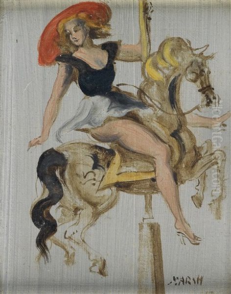 Woman Riding A Carousel Horse Oil Painting by Reginald Marsh