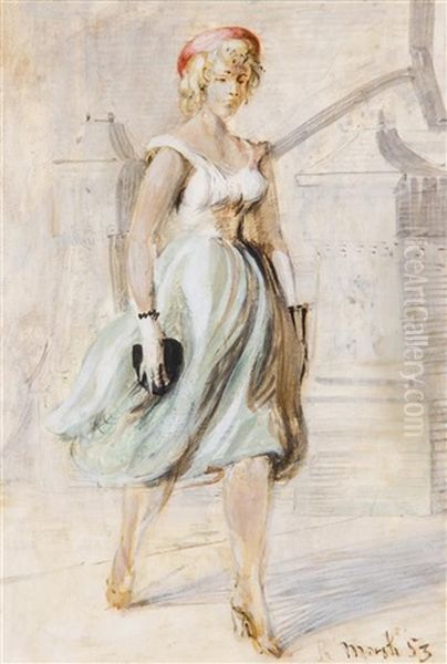 Girl In Blue Skirt And A 14th Street Shopper (a Double-sided Work) Oil Painting by Reginald Marsh