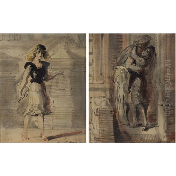 Woman Walking And Couple Embracing (2 Works) Oil Painting by Reginald Marsh